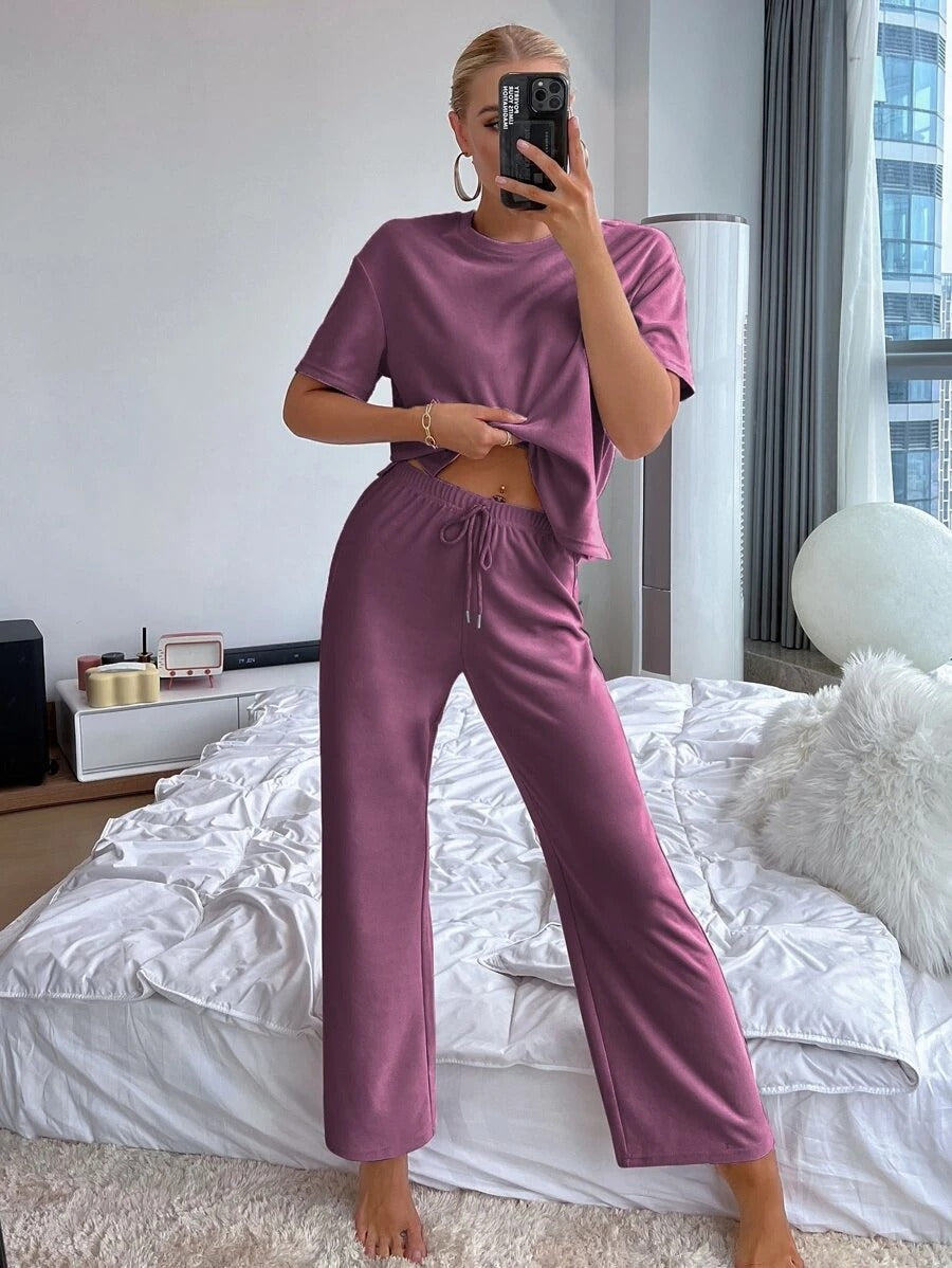 Slit Hem Top And Tie Pants Lounge Set-Soco Hoodie