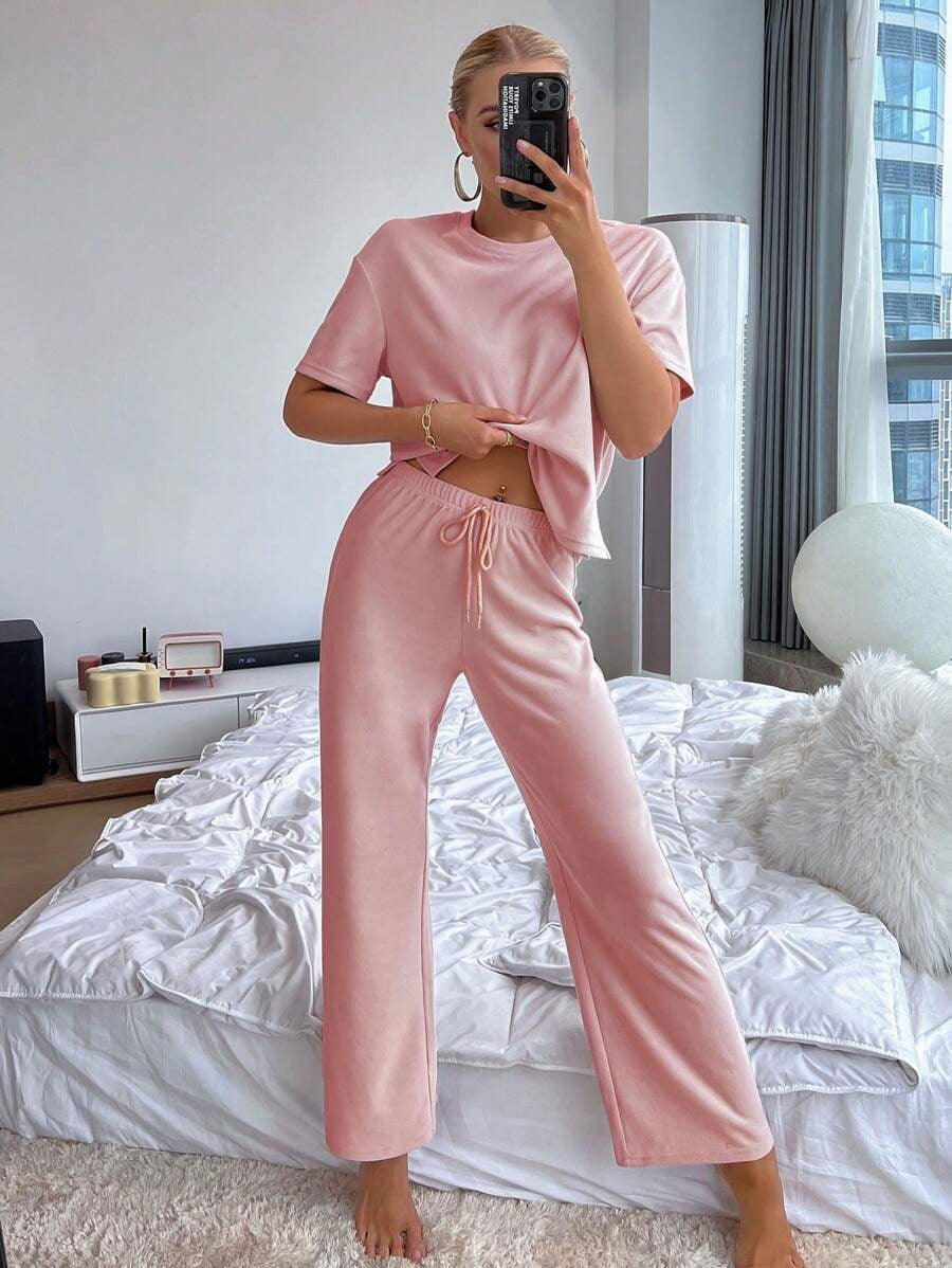 Slit Hem Top And Tie Pants Lounge Set-Soco Hoodie