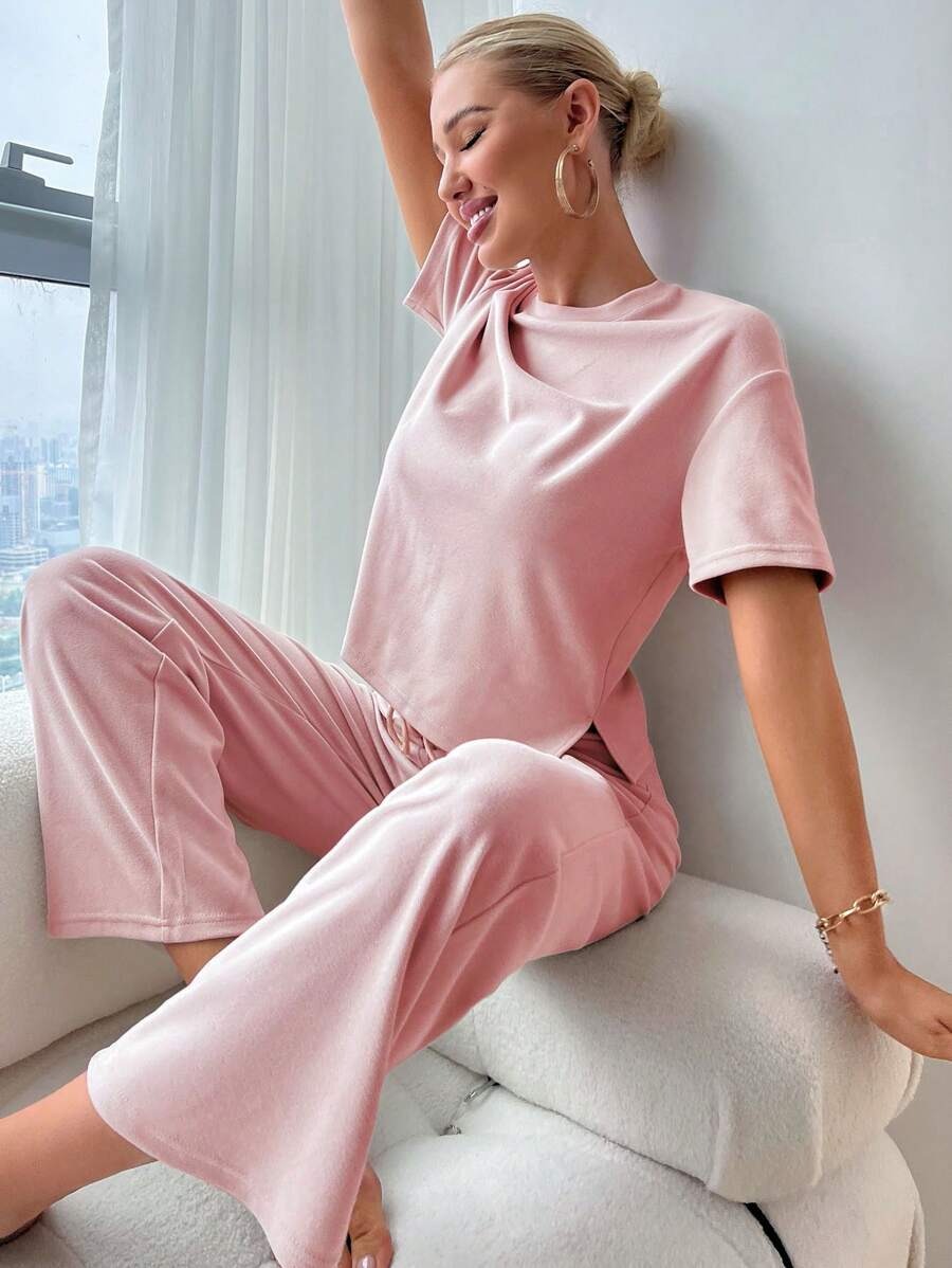 Slit Hem Top And Tie Pants Lounge Set-Soco Hoodie