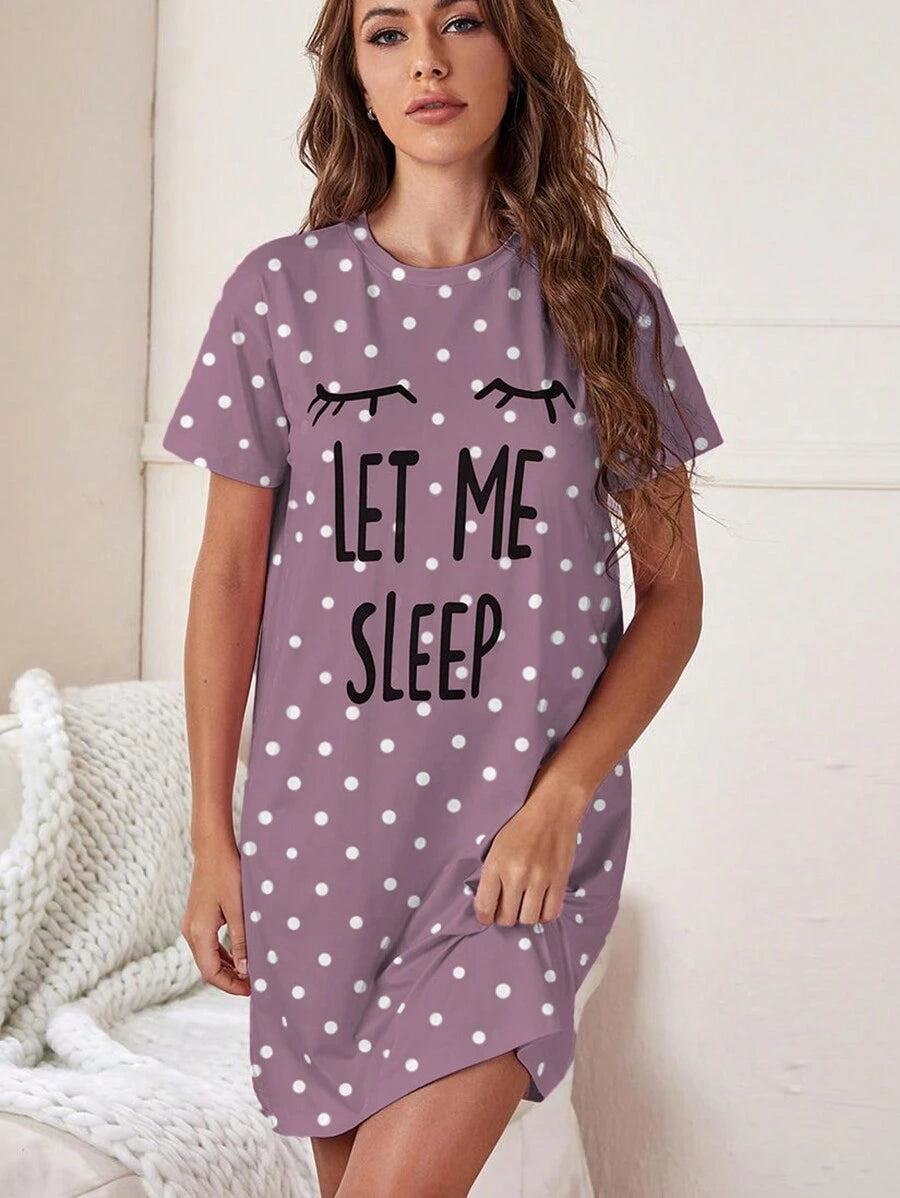 Slogan And Polka Dot Print Nightdress-Soco Hoodie
