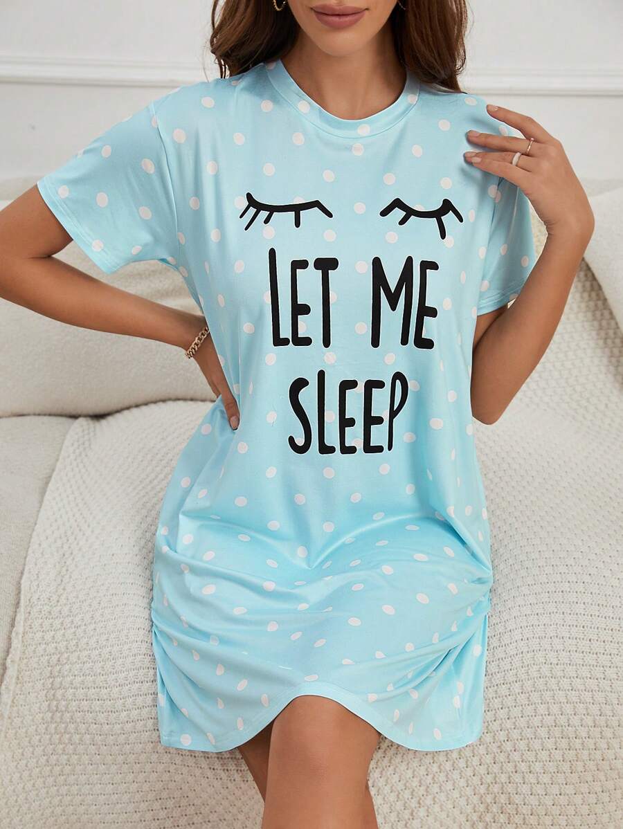 Slogan And Polka Dot Print Nightdress-Soco Hoodie