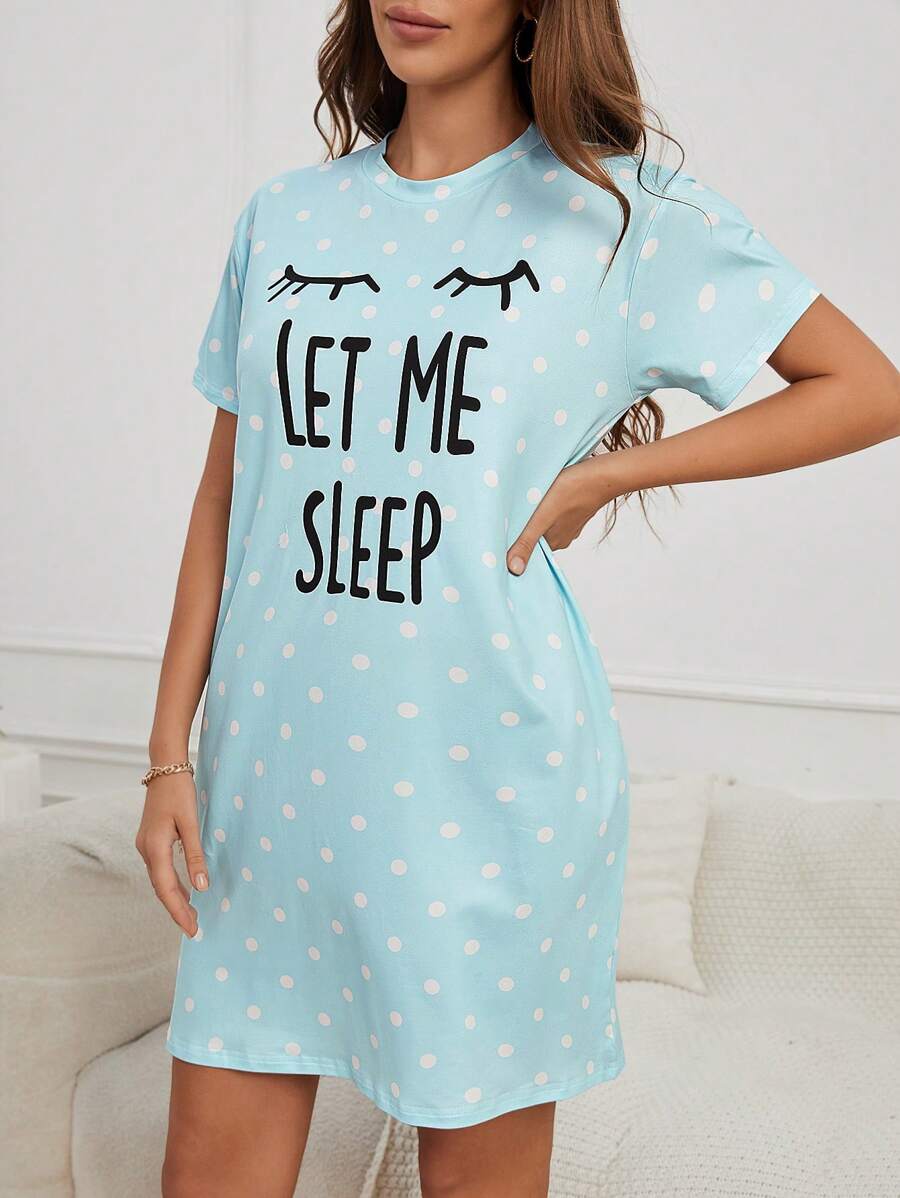 Slogan And Polka Dot Print Nightdress-Soco Hoodie
