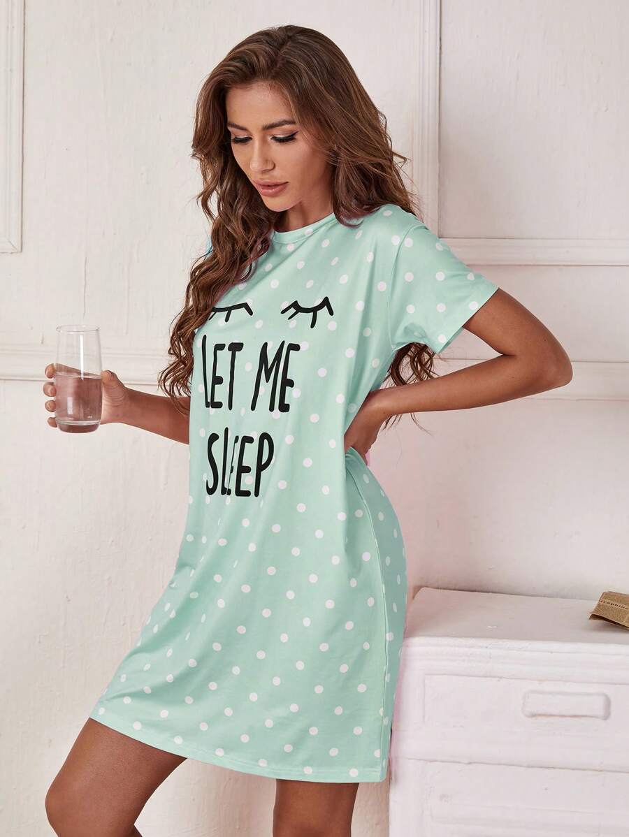 Slogan And Polka Dot Print Nightdress-Soco Hoodie