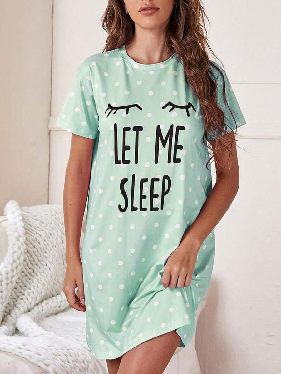 Slogan And Polka Dot Print Nightdress-Soco Hoodie