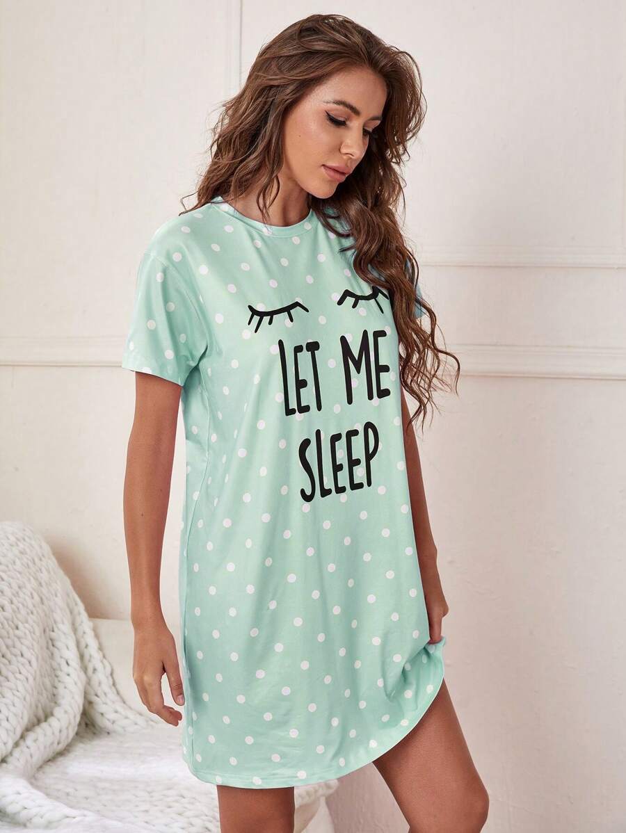 Slogan And Polka Dot Print Nightdress-Soco Hoodie