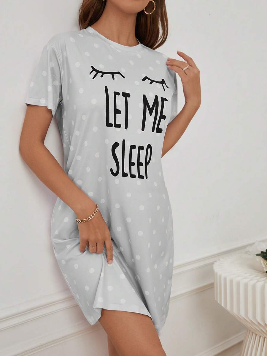 Slogan And Polka Dot Print Nightdress-Soco Hoodie