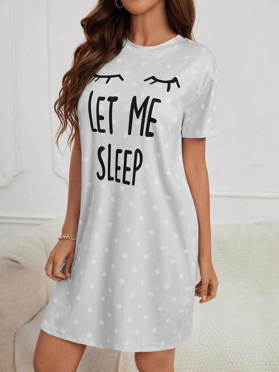 Slogan And Polka Dot Print Nightdress-Soco Hoodie