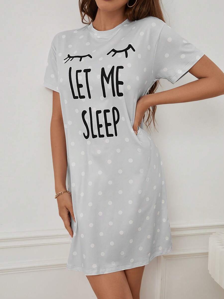 Slogan And Polka Dot Print Nightdress-Soco Hoodie