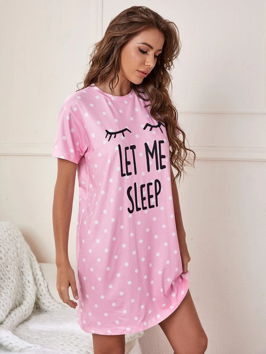Slogan And Polka Dot Print Nightdress-Soco Hoodie