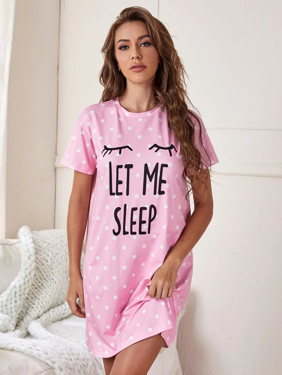 Slogan And Polka Dot Print Nightdress-Soco Hoodie
