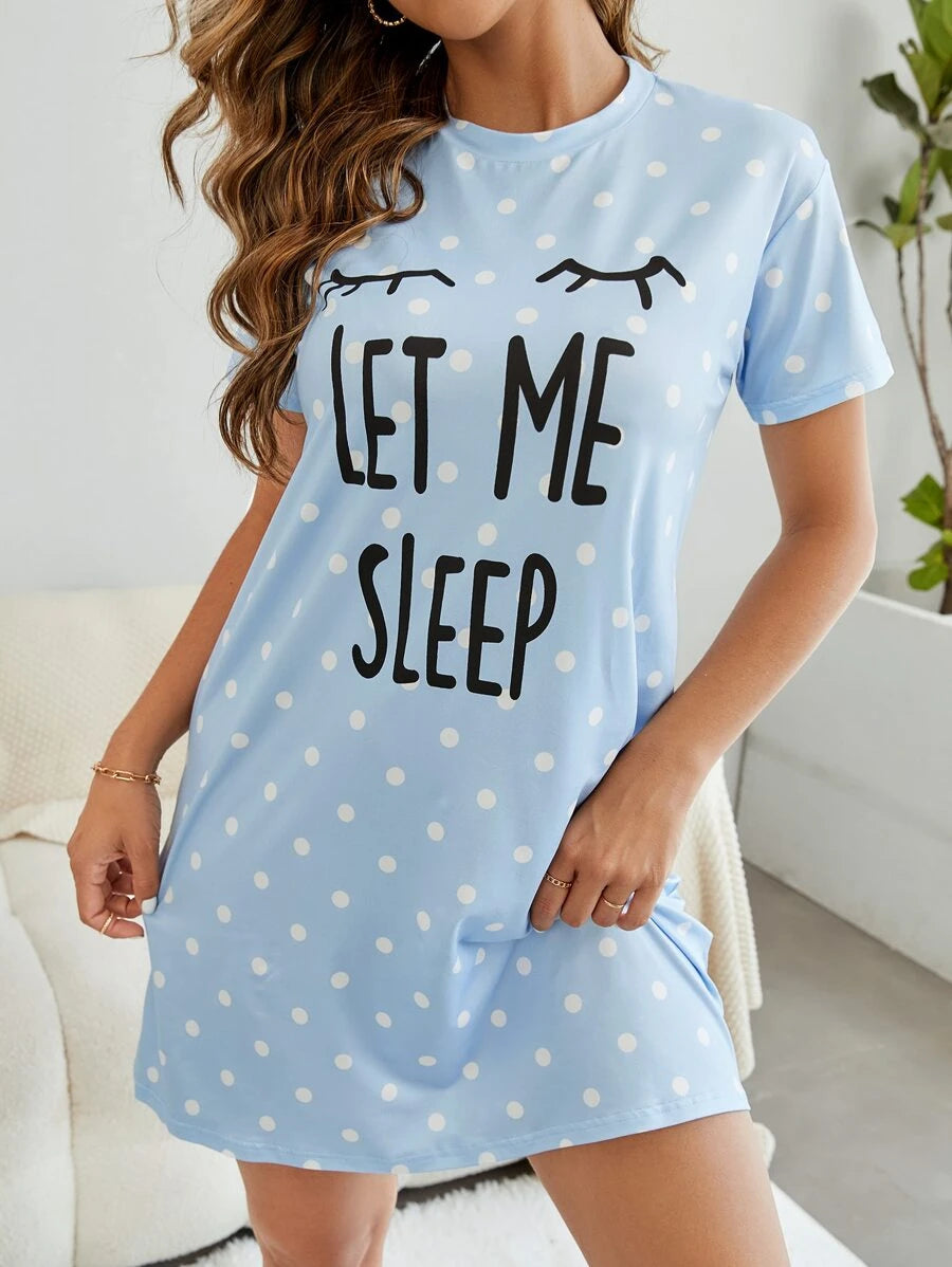 Slogan And Polka Dot Print Nightdress-Soco Hoodie