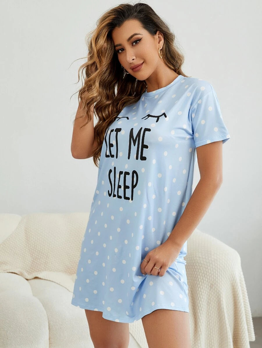 Slogan And Polka Dot Print Nightdress-Soco Hoodie