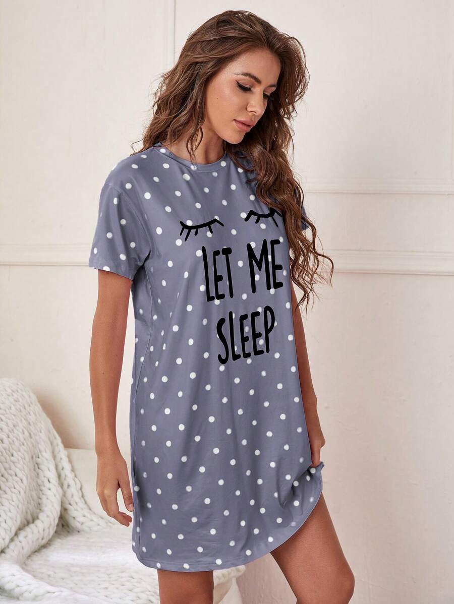Slogan And Polka Dot Print Nightdress-Soco Hoodie