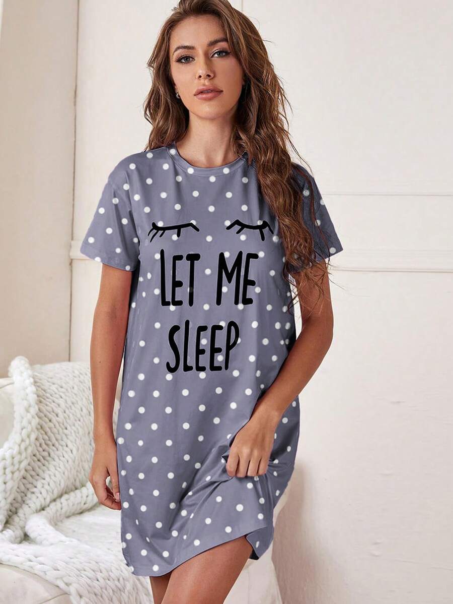 Slogan And Polka Dot Print Nightdress-Soco Hoodie