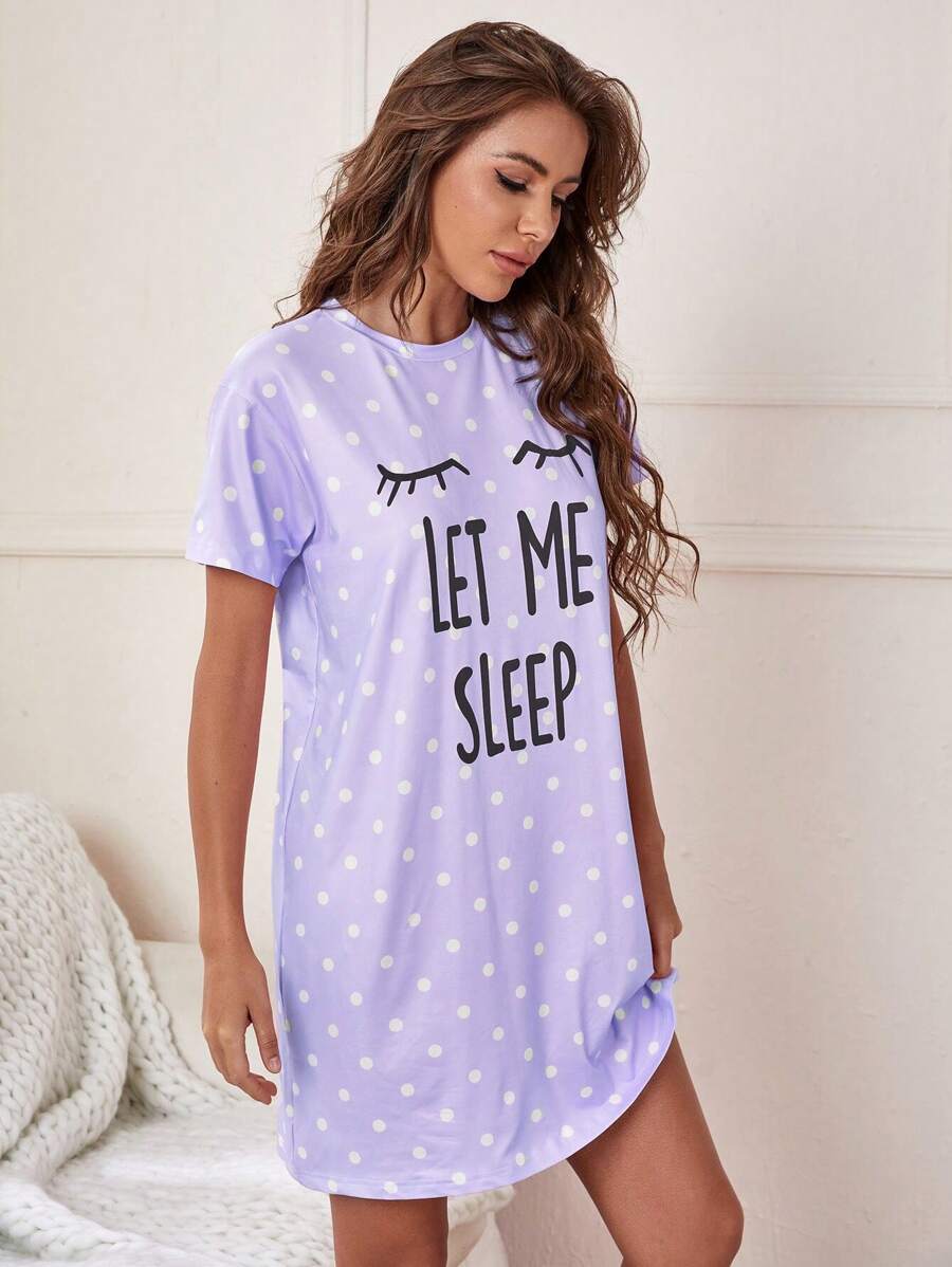 Slogan And Polka Dot Print Nightdress-Soco Hoodie