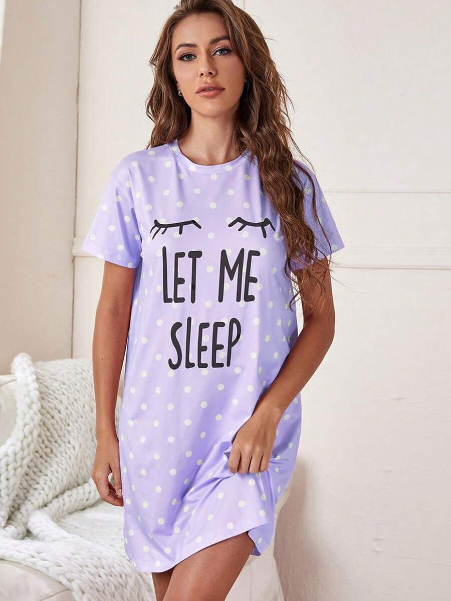 Slogan And Polka Dot Print Nightdress-Soco Hoodie