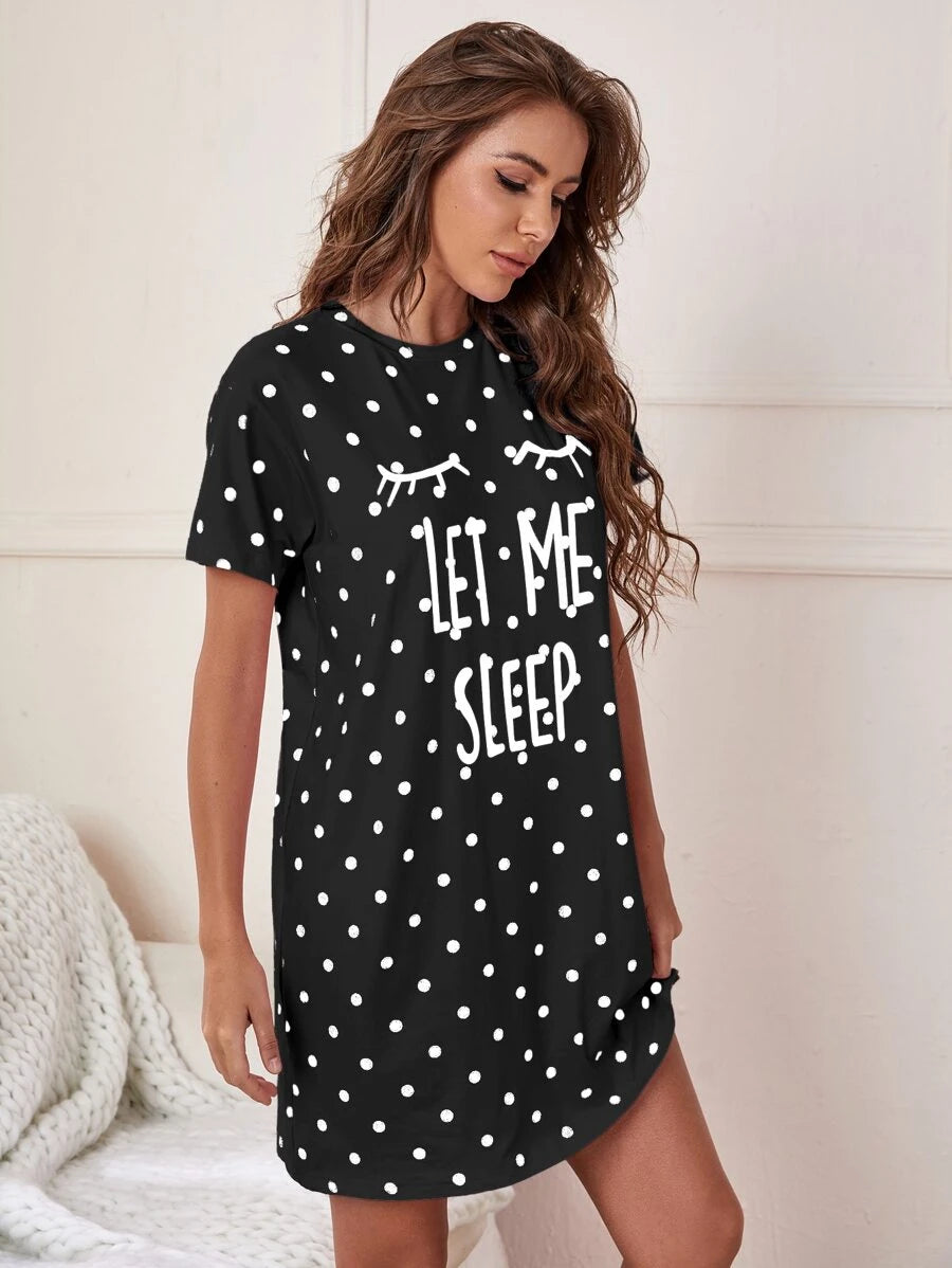 Slogan And Polka Dot Print Nightdress-Soco Hoodie