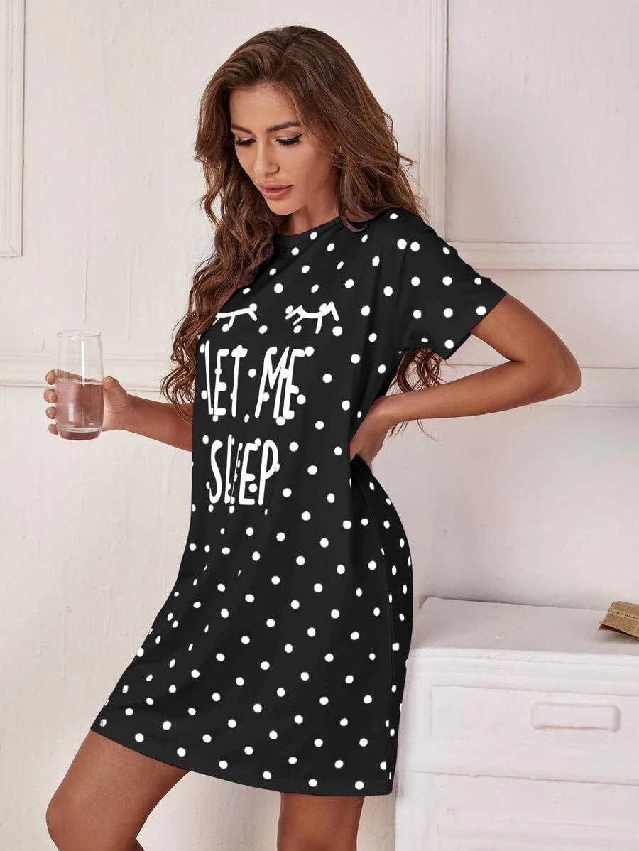 Slogan And Polka Dot Print Nightdress-Soco Hoodie