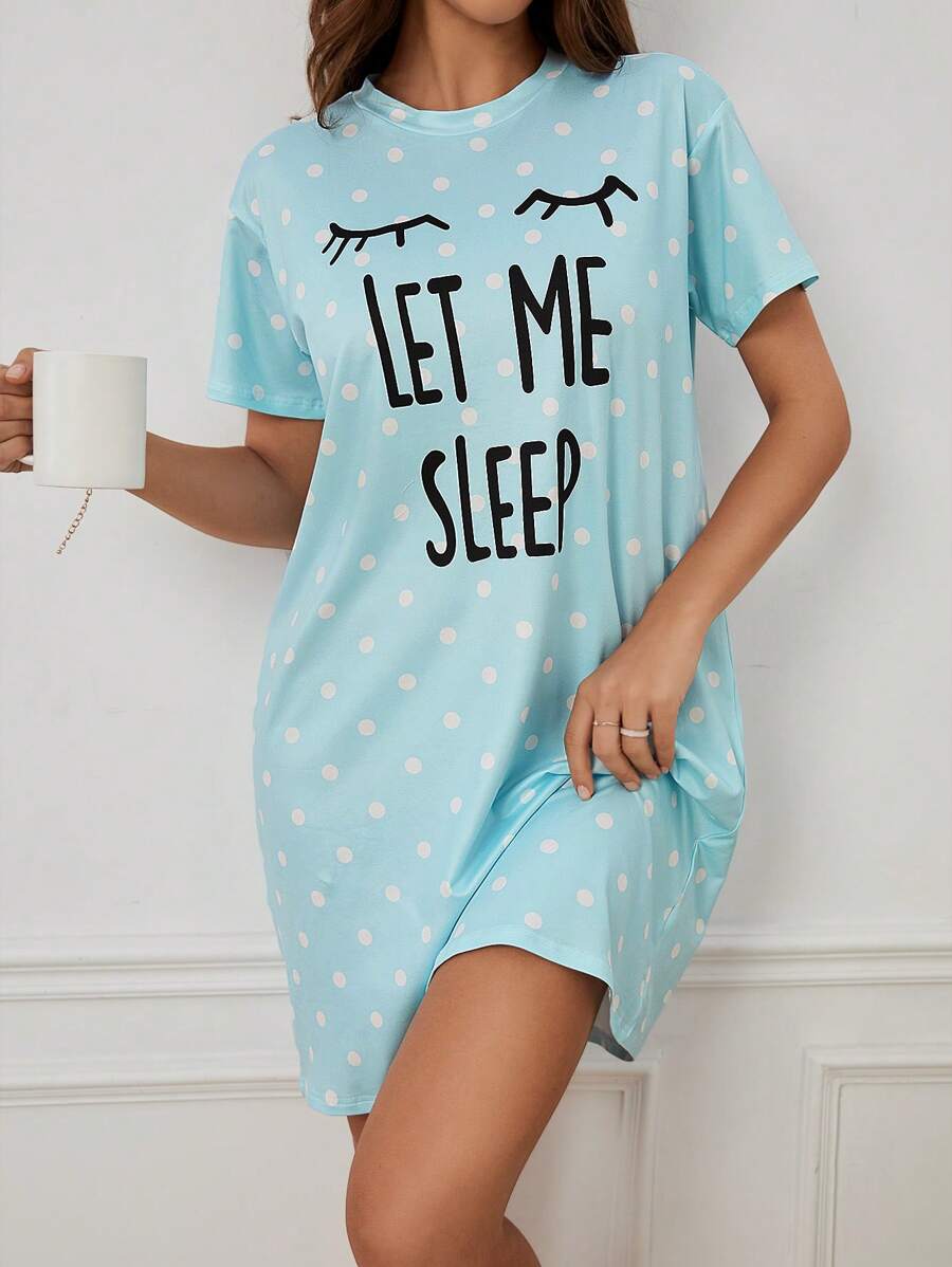 Slogan And Polka Dot Print Nightdress-Soco Hoodie