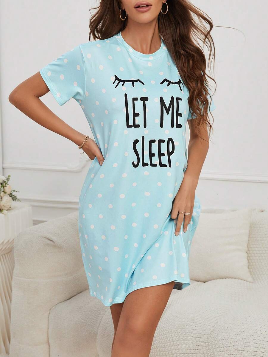 Slogan And Polka Dot Print Nightdress-Soco Hoodie