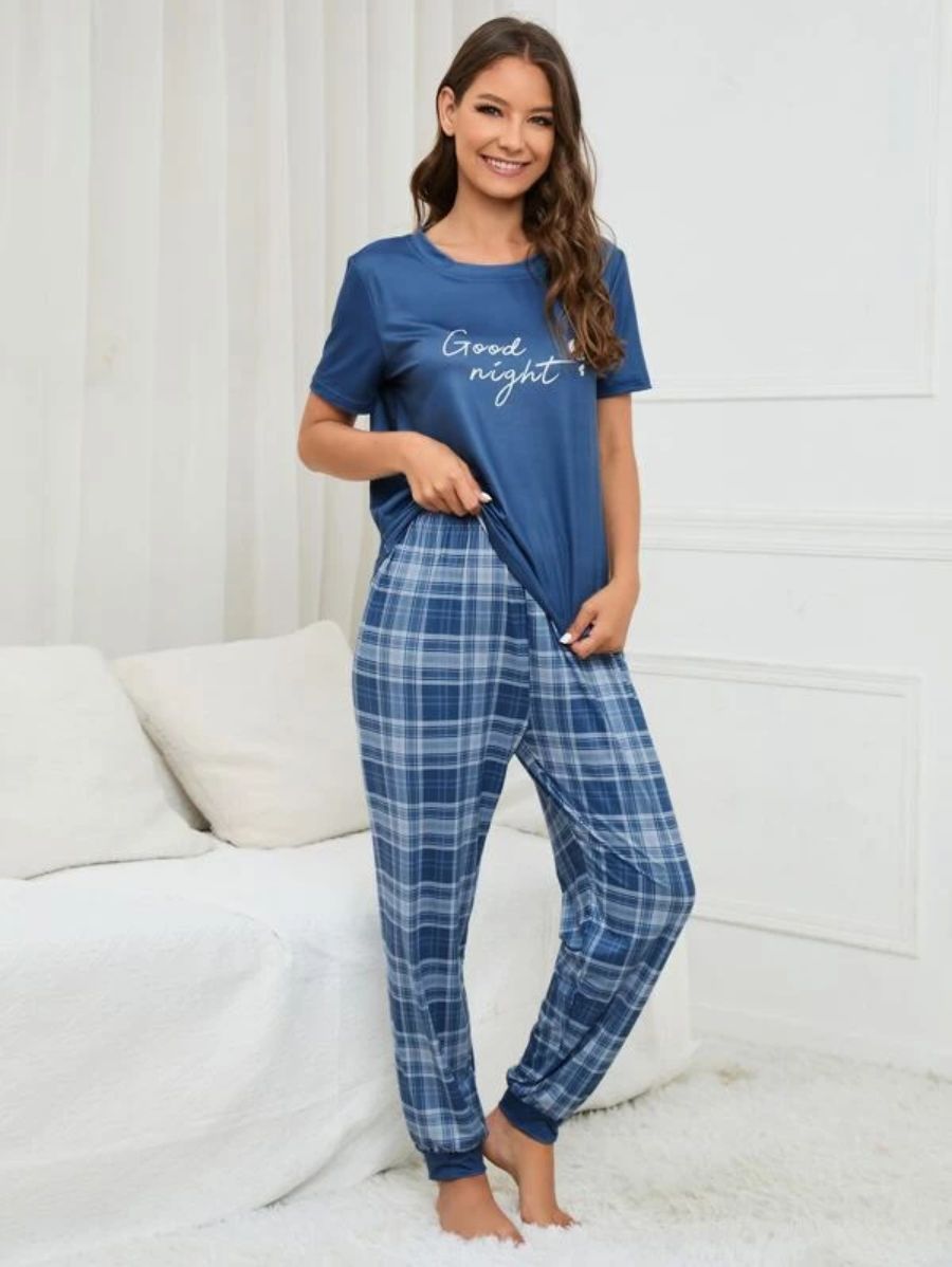Slogan Graphic Tee And Plaid Print Pajama Set-Soco Hoodie