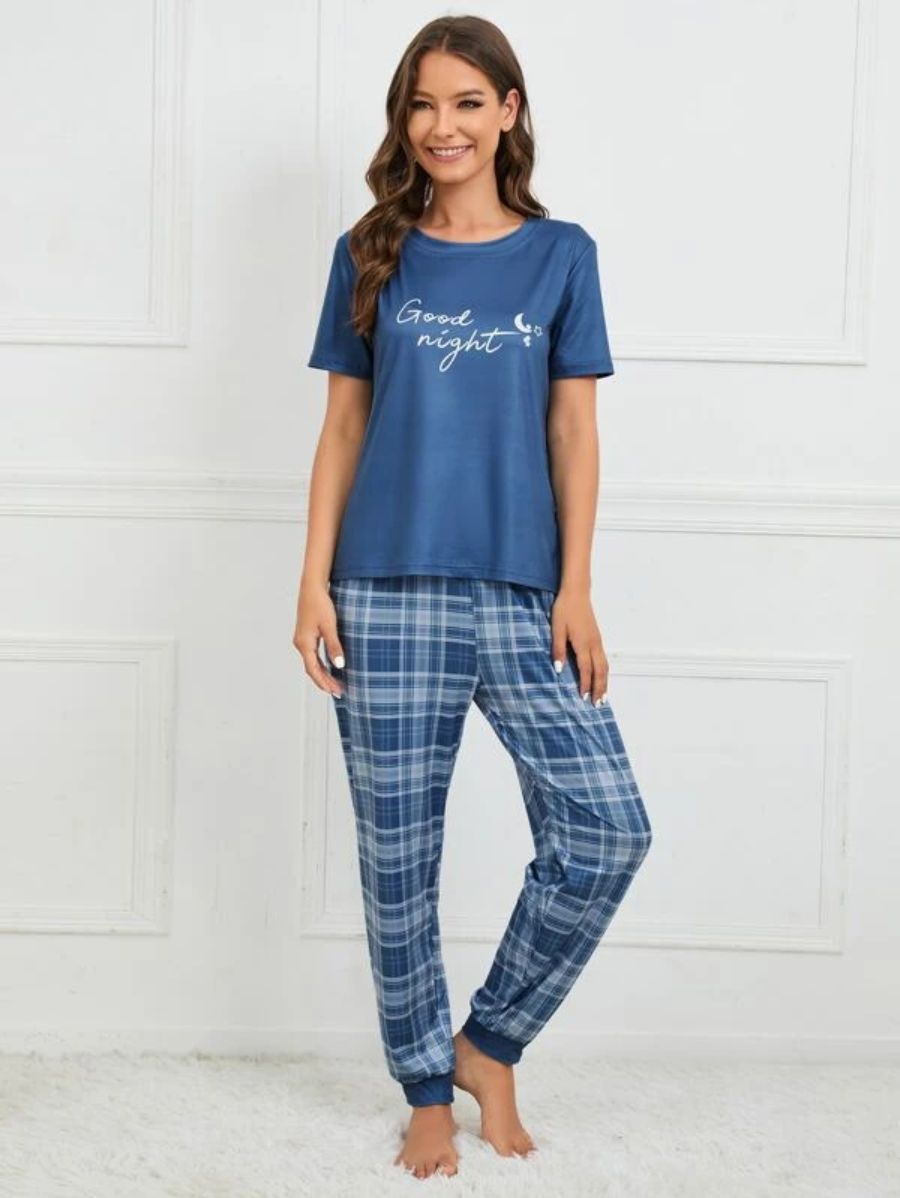 Slogan Graphic Tee And Plaid Print Pajama Set-Soco Hoodie