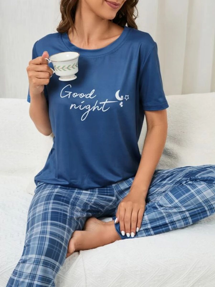 Slogan Graphic Tee And Plaid Print Pajama Set-Soco Hoodie