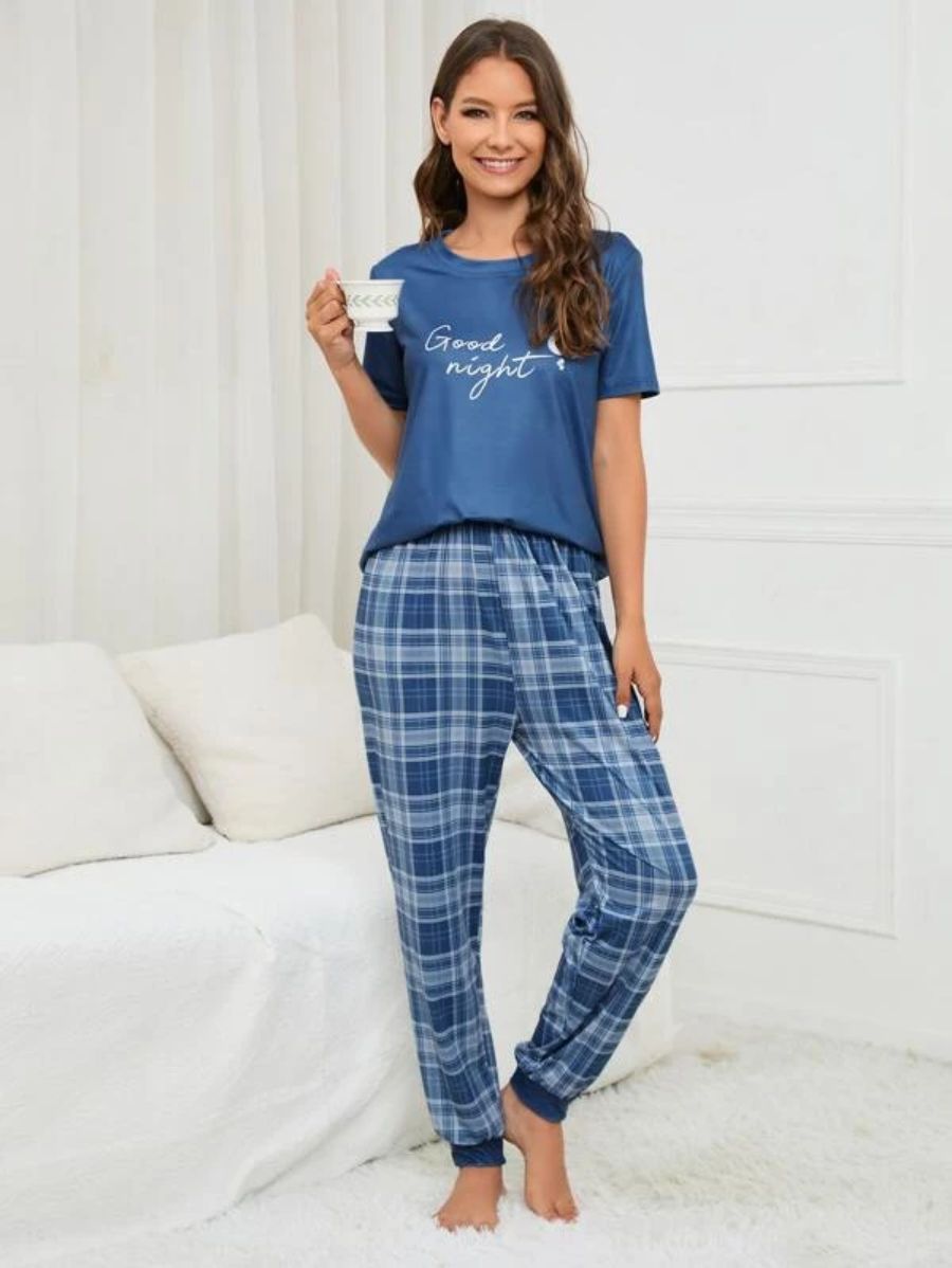 Slogan Graphic Tee And Plaid Print Pajama Set-Soco Hoodie
