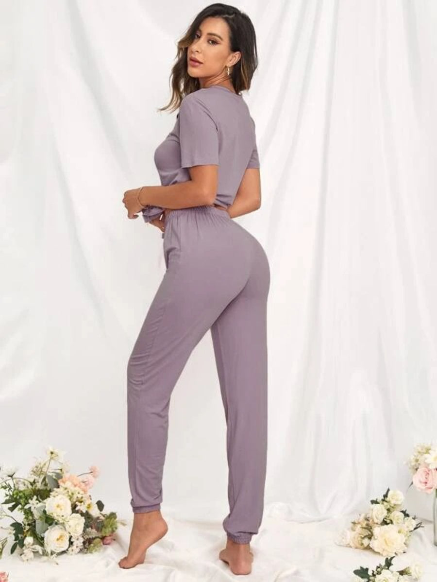 Slogan Graphic Tee And Bow Front Pants Lounge Set-Soco Hoodie