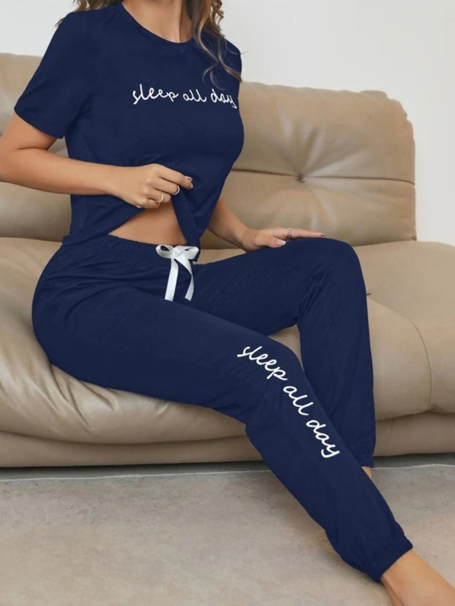 Slogan Graphic Tee And Bow Front Pants Lounge Set-Soco Hoodie