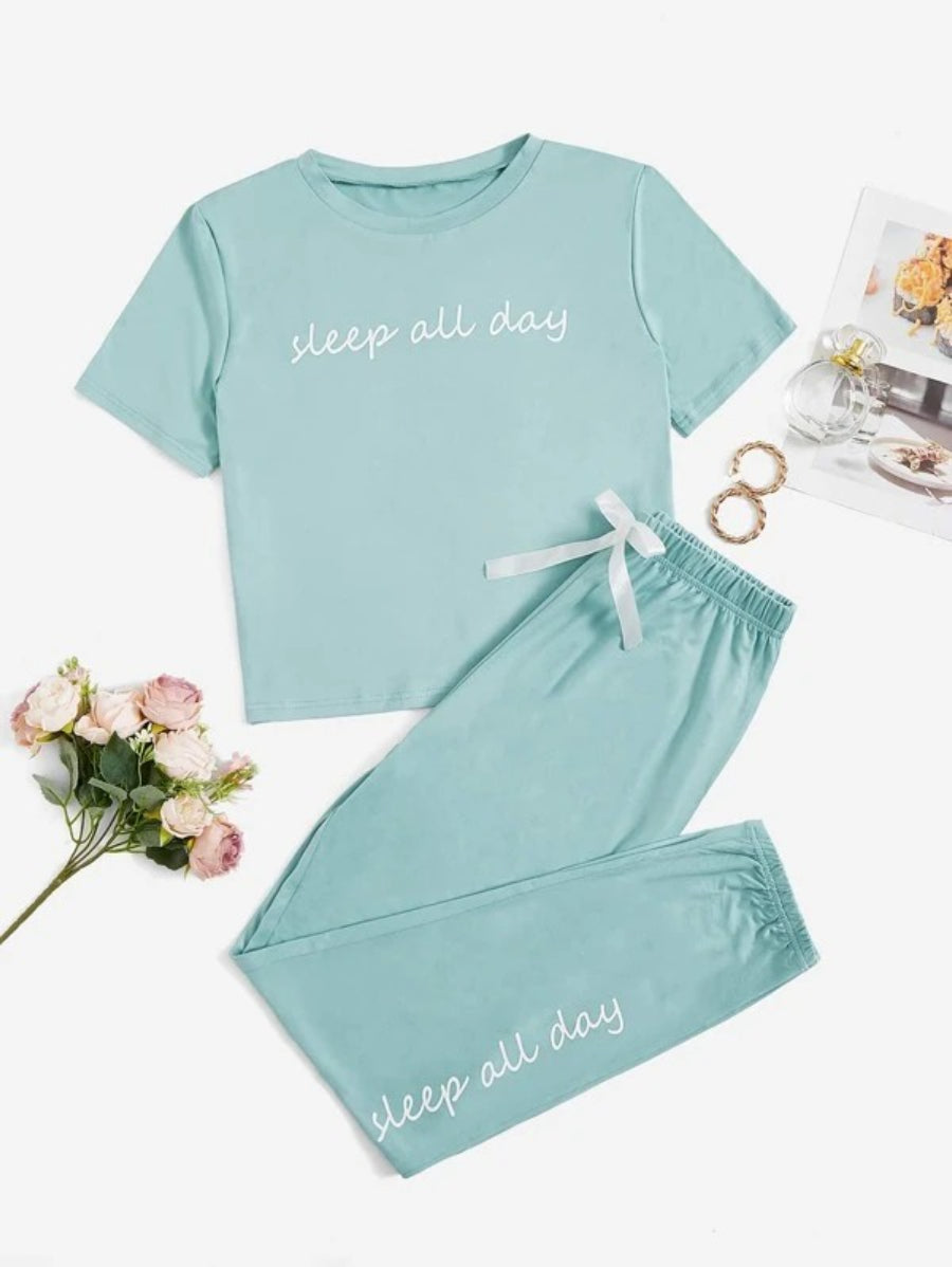 Slogan Graphic Tee And Bow Front Pants Lounge Set-Soco Hoodie