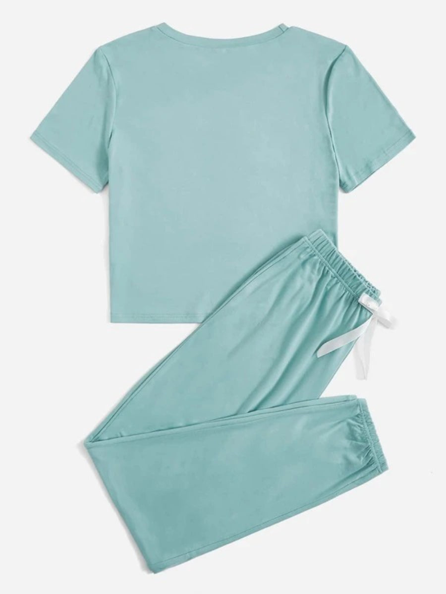 Slogan Graphic Tee And Bow Front Pants Lounge Set-Soco Hoodie