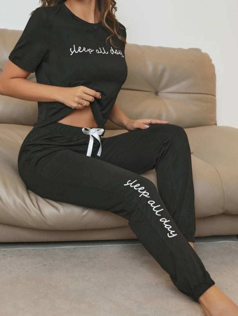 Slogan Graphic Tee And Bow Front Pants Lounge Set-Soco Hoodie