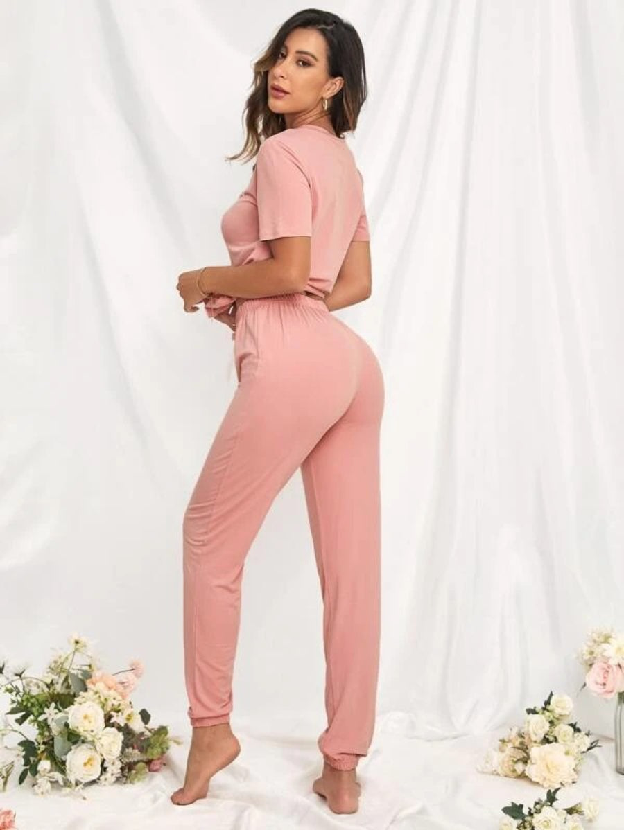 Slogan Graphic Tee And Bow Front Pants Lounge Set-Soco Hoodie