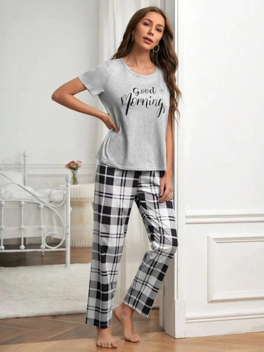 Slogan Graphic Tee And Plaid Print Pants Set-Soco Hoodie