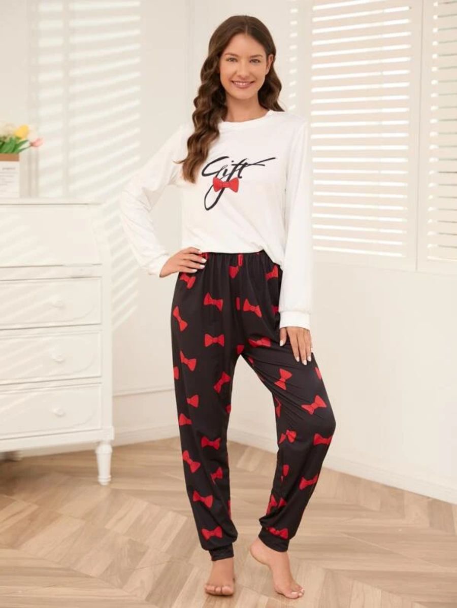 Slogan Graphic Top And Plaid Pants PJ Set-Soco Hoodie