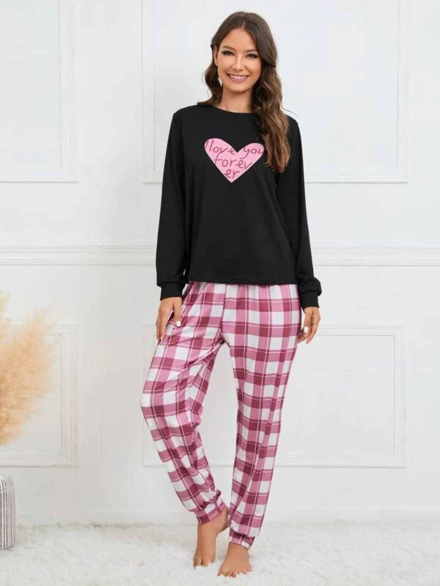 Slogan Graphic Top And Plaid Pants PJ Set-Soco Hoodie