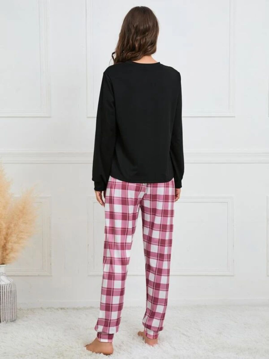 Slogan Graphic Top And Plaid Pants PJ Set-Soco Hoodie