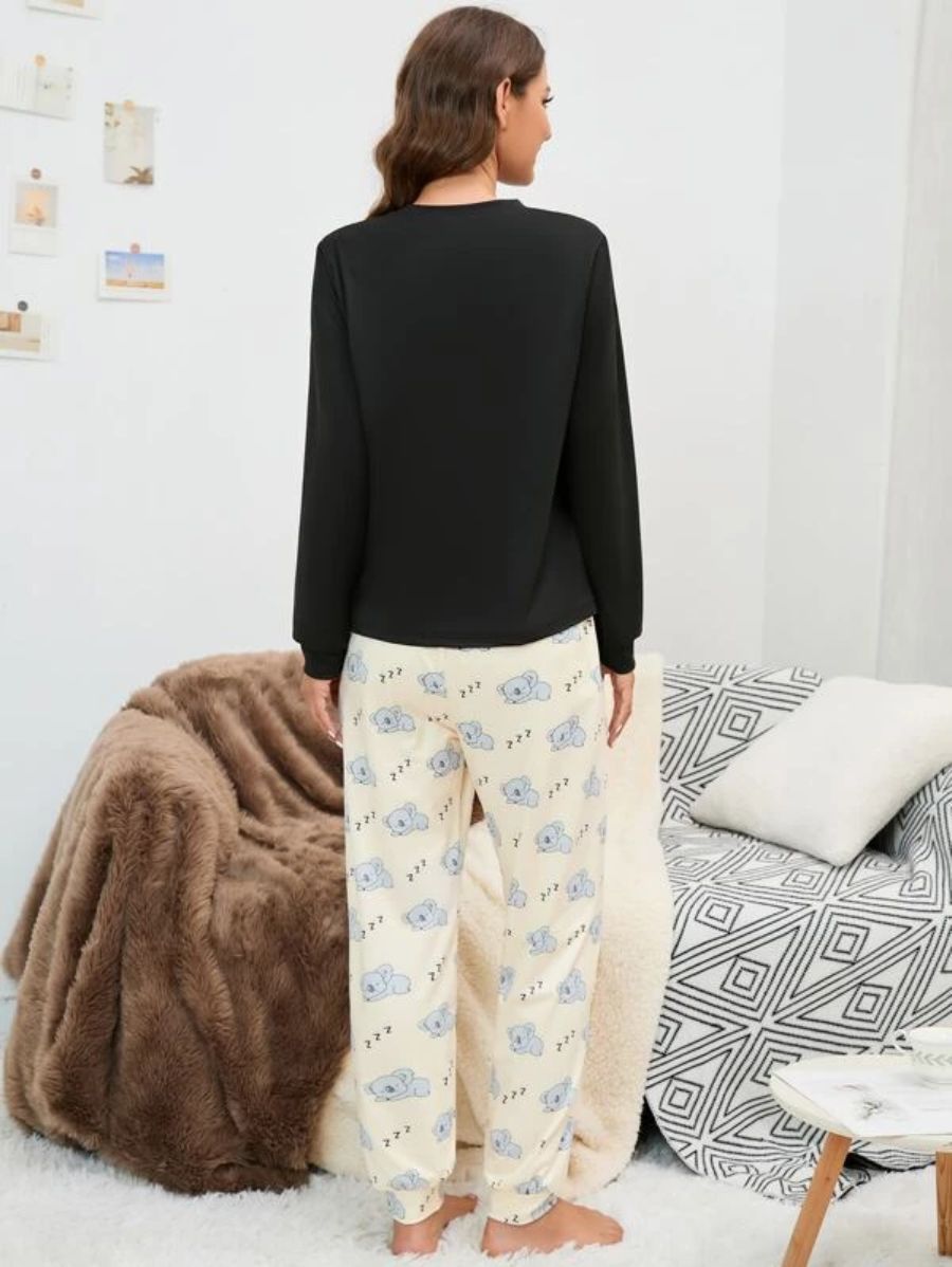 Slogan Graphic Top And Plaid Pants PJ Set-Soco Hoodie