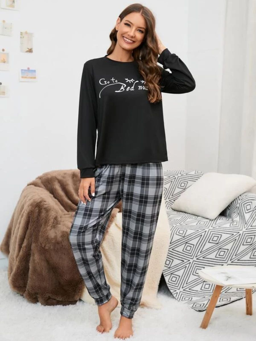 Slogan Graphic Top And Plaid Pants PJ Set-Soco Hoodie