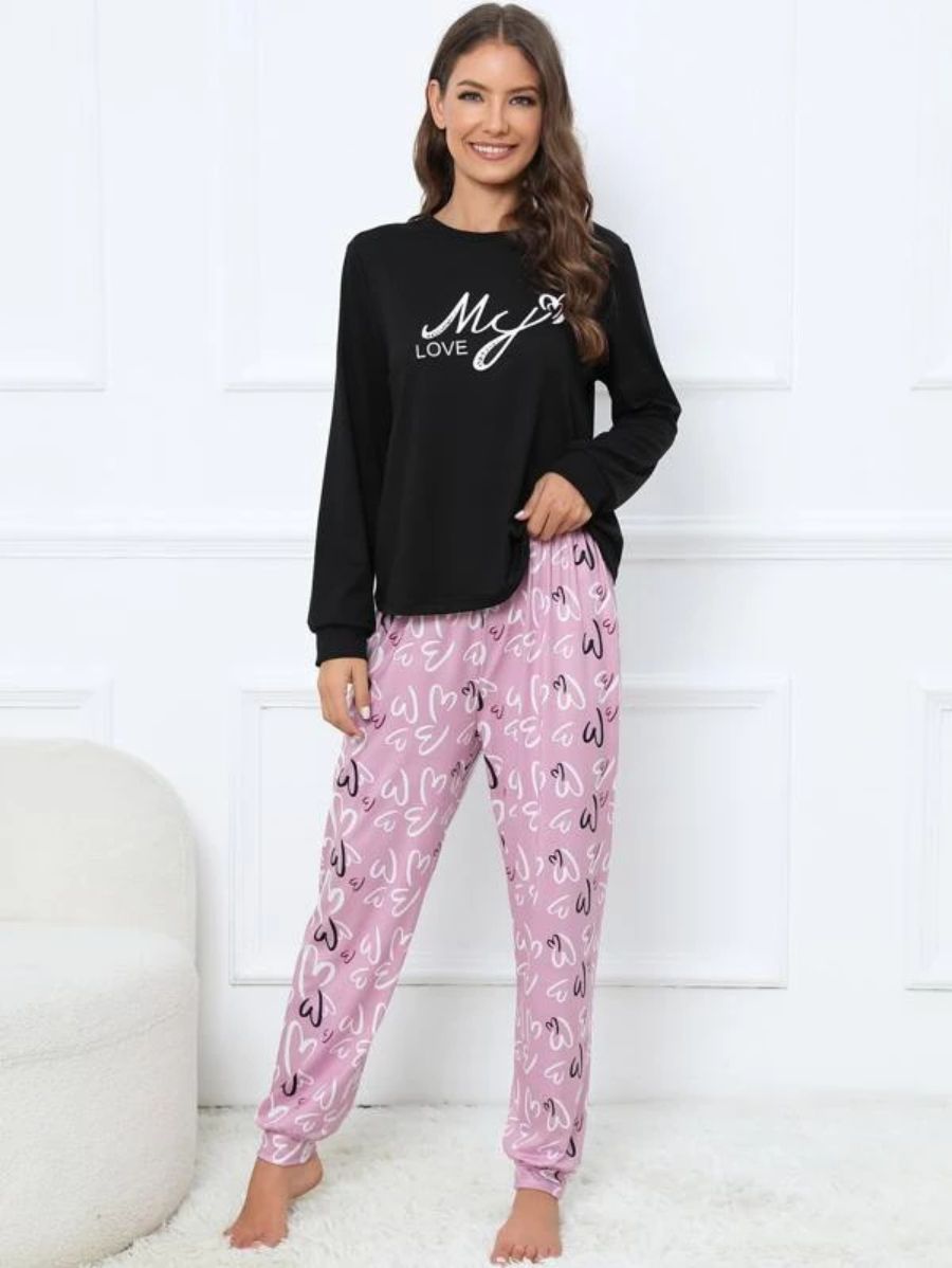 Slogan Graphic Top And Plaid Pants PJ Set-Soco Hoodie