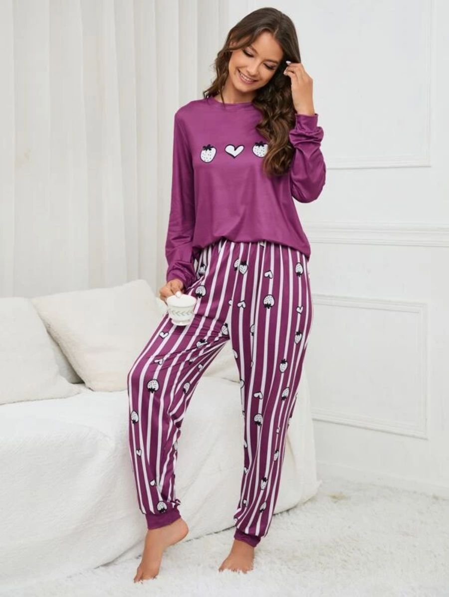 Slogan Graphic Top And Plaid Pants PJ Set-Soco Hoodie