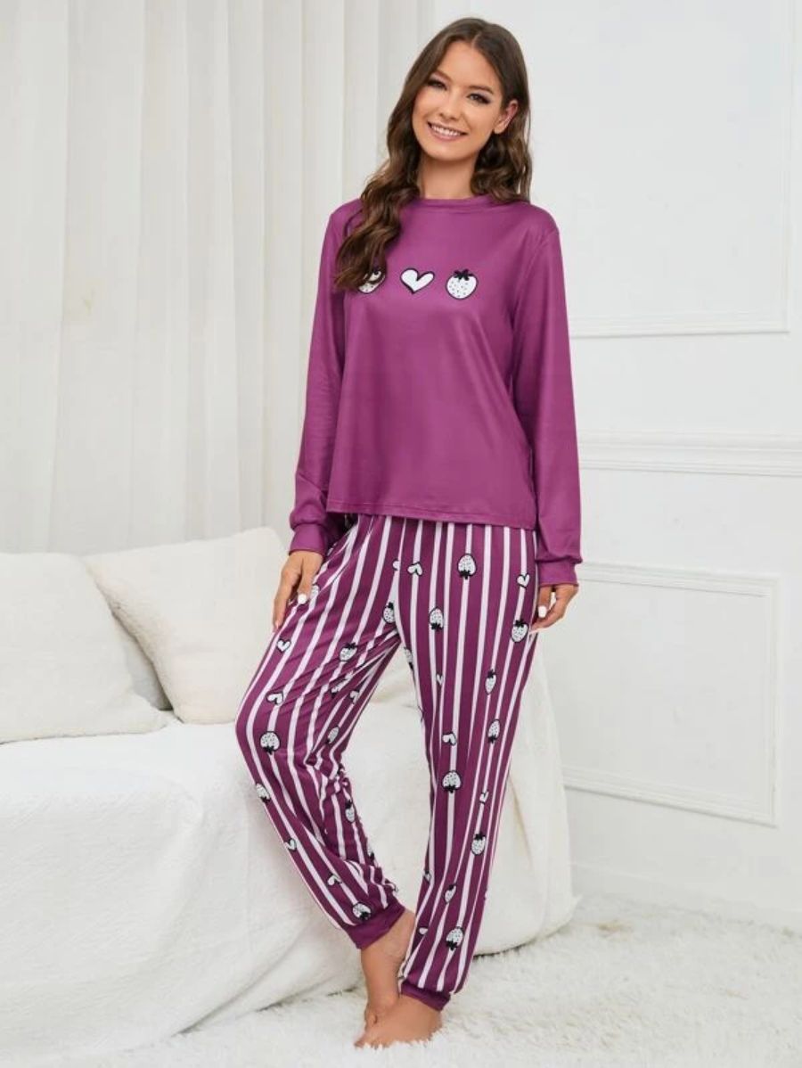 Slogan Graphic Top And Plaid Pants PJ Set-Soco Hoodie