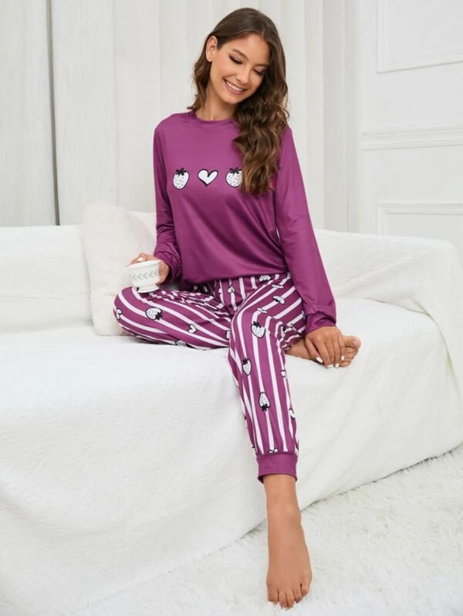 Slogan Graphic Top And Plaid Pants PJ Set-Soco Hoodie