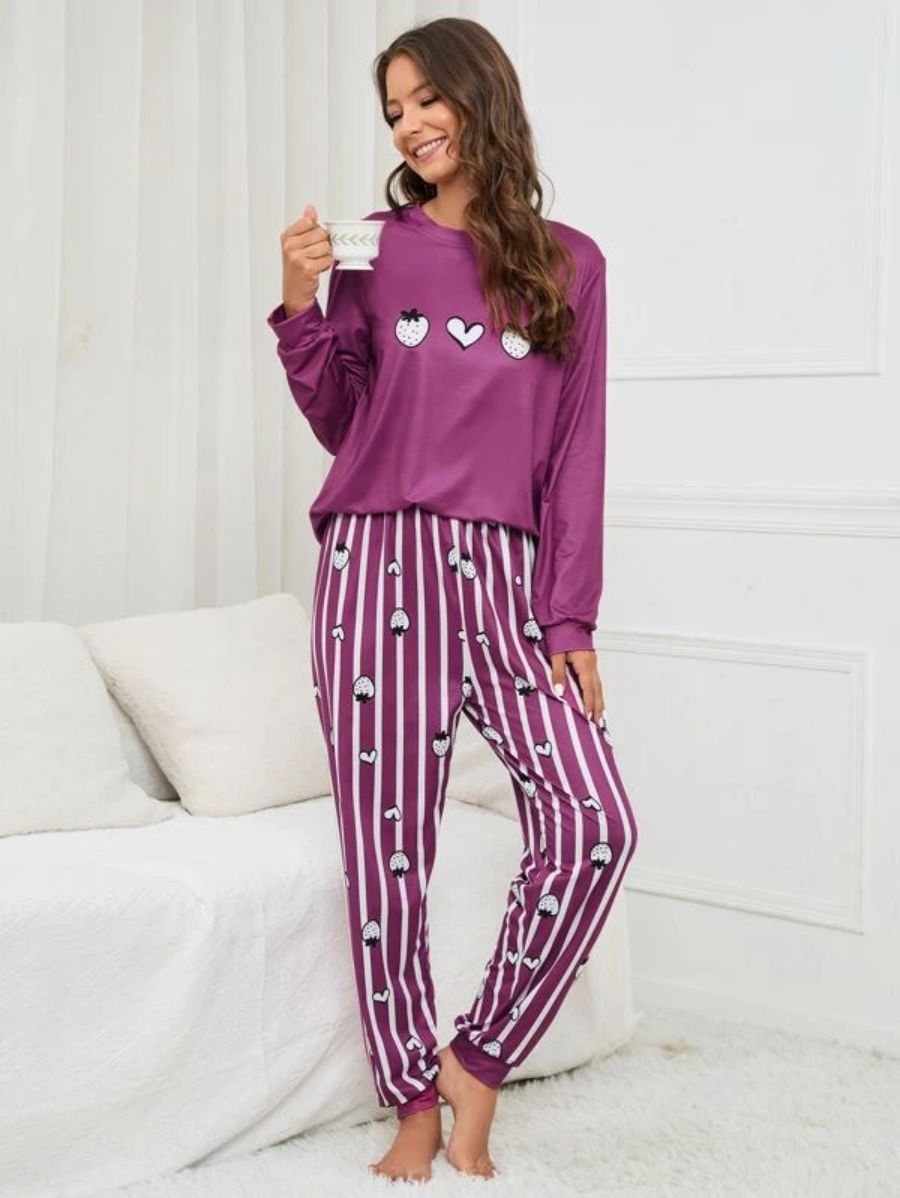 Slogan Graphic Top And Plaid Pants PJ Set-Soco Hoodie