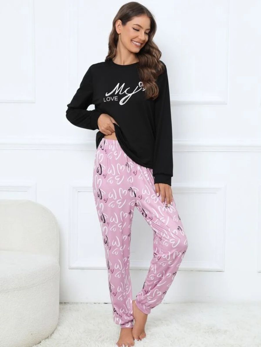 Slogan Graphic Top And Plaid Pants PJ Set-Soco Hoodie