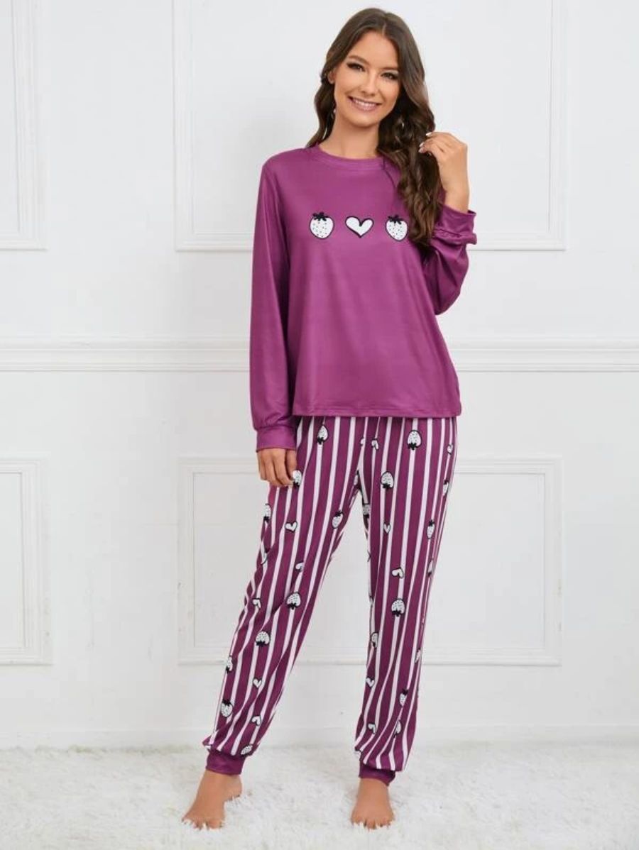 Slogan Graphic Top And Plaid Pants PJ Set-Soco Hoodie