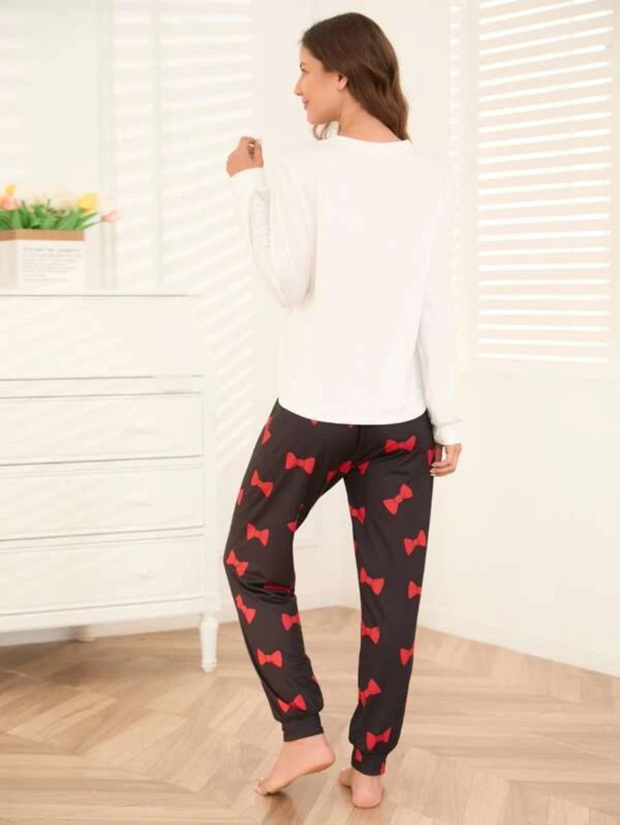 Slogan Graphic Top And Plaid Pants PJ Set-Soco Hoodie