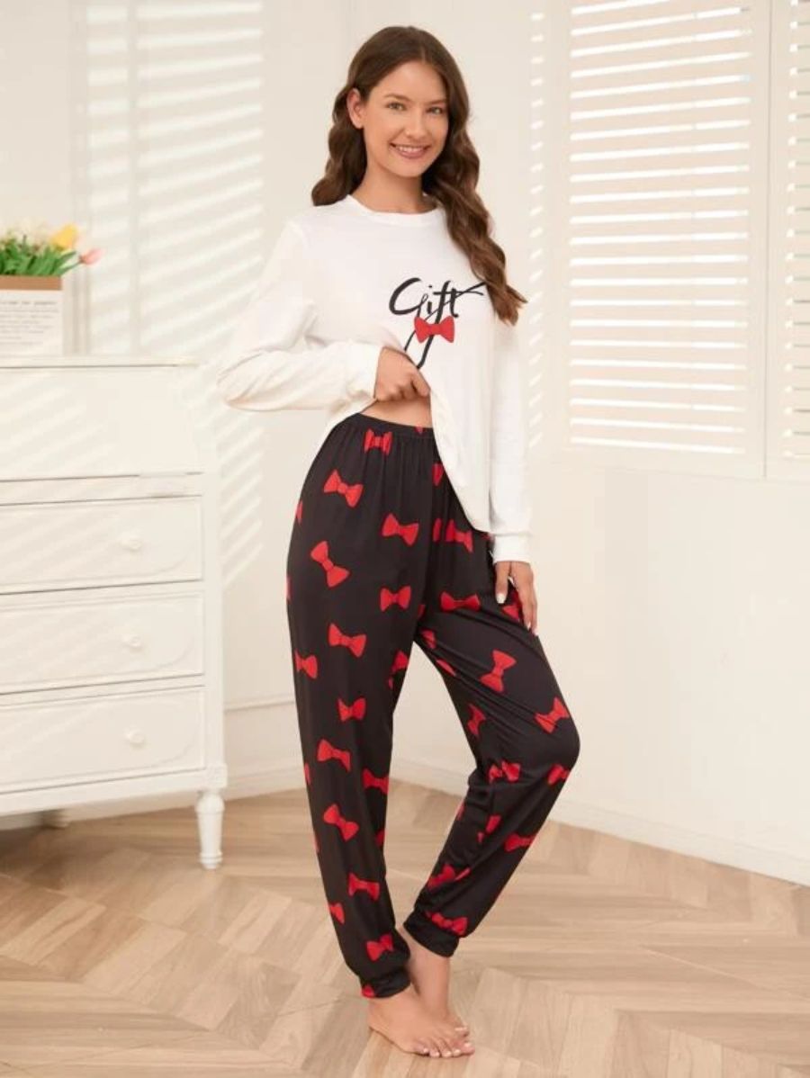 Slogan Graphic Top And Plaid Pants PJ Set-Soco Hoodie