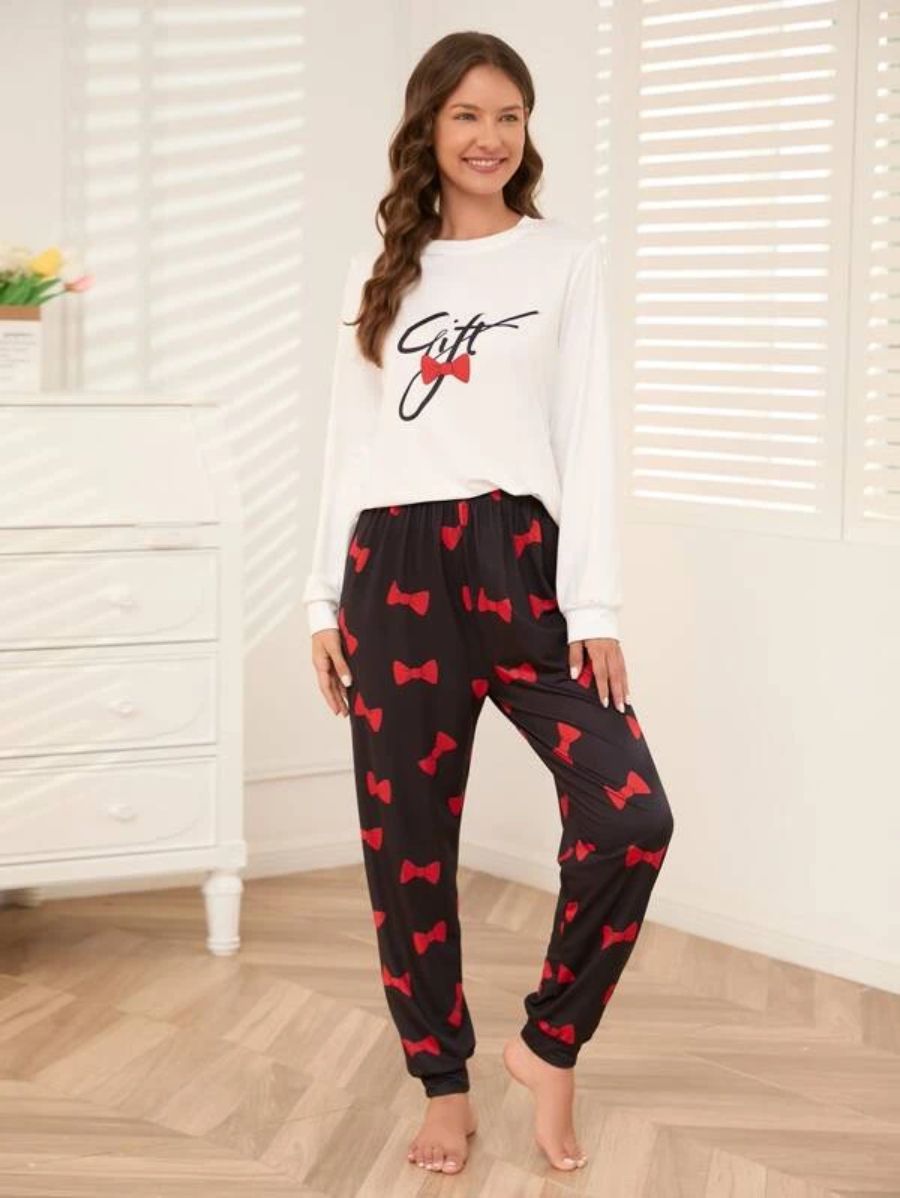 Slogan Graphic Top And Plaid Pants PJ Set-Soco Hoodie